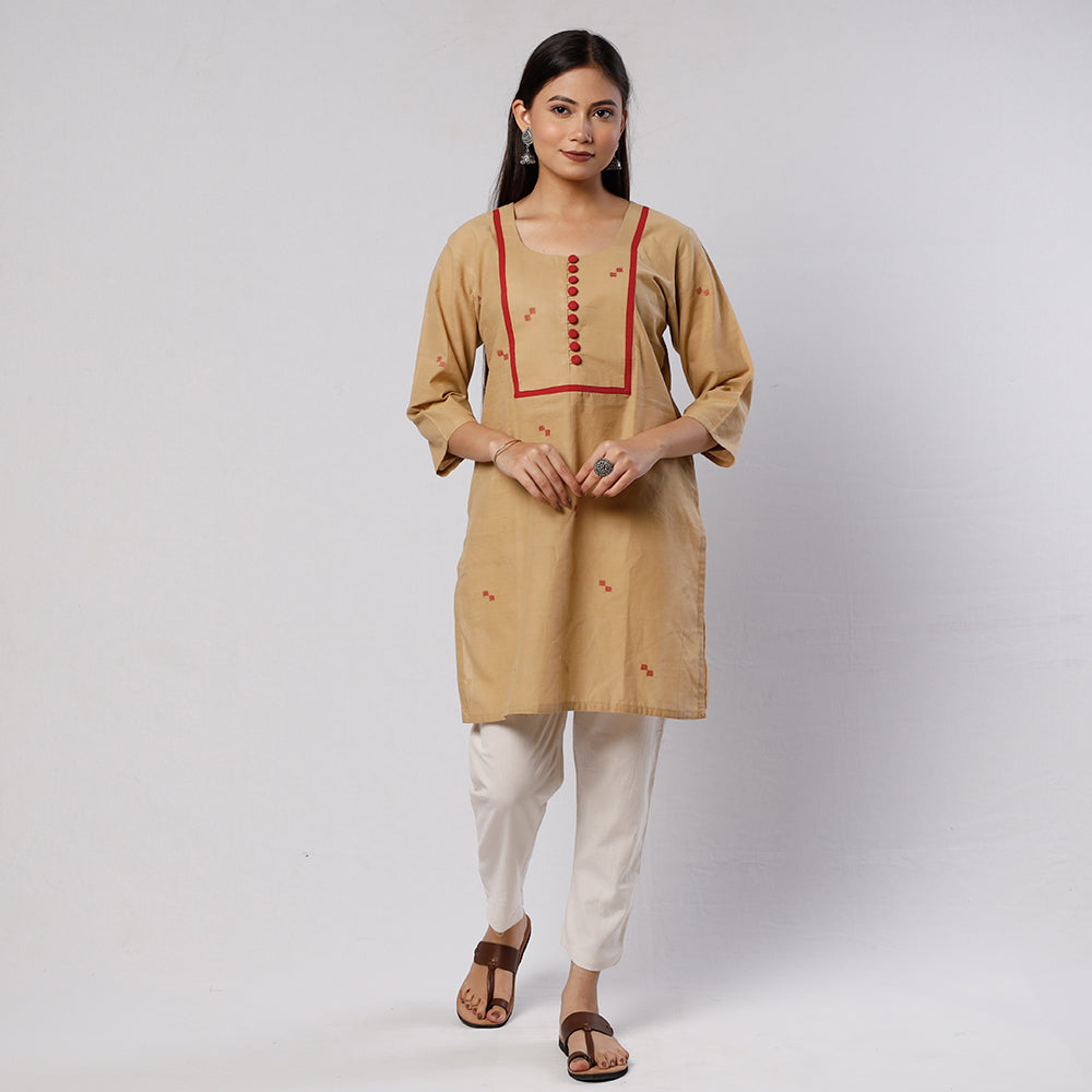 Beige Jamdani Handloom Cotton Short Kurta