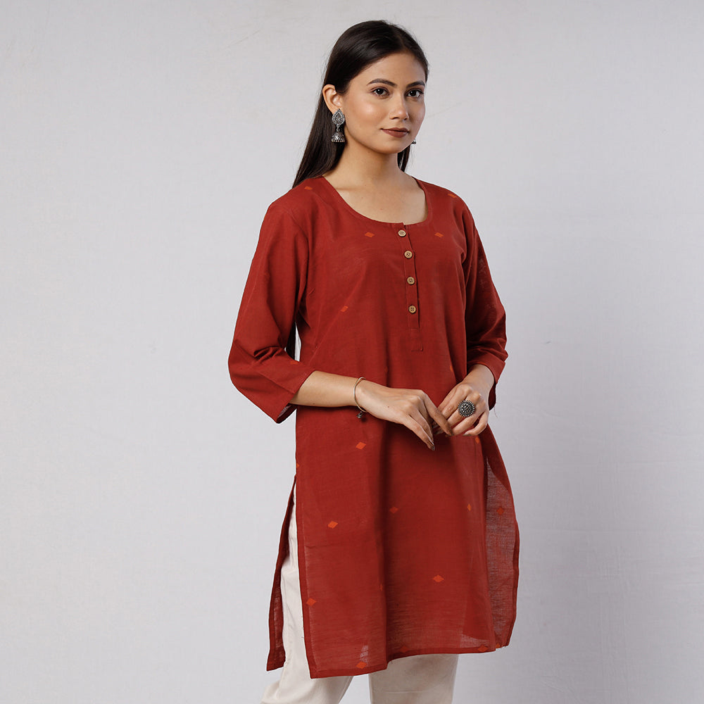 Maroon Red Jamdani Handloom Cotton Short Kurta