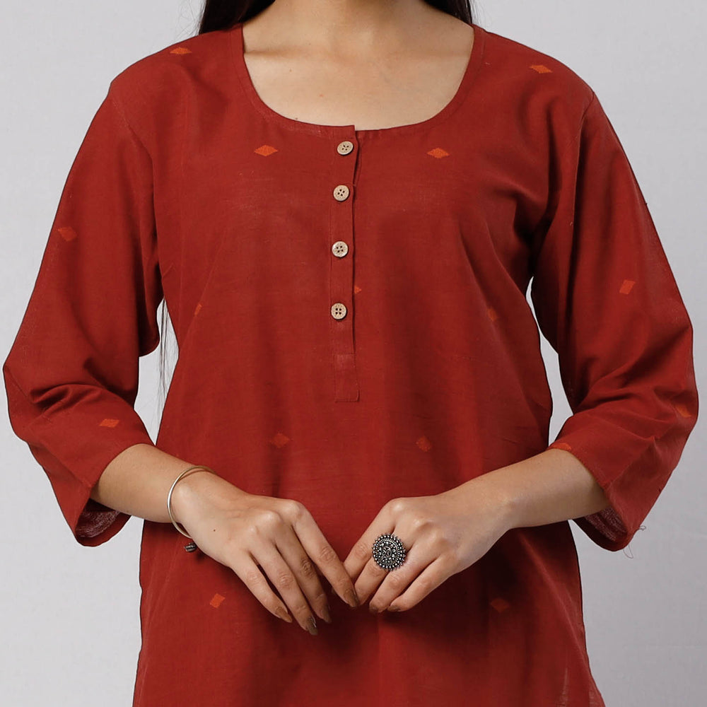 Maroon Red Jamdani Handloom Cotton Short Kurta