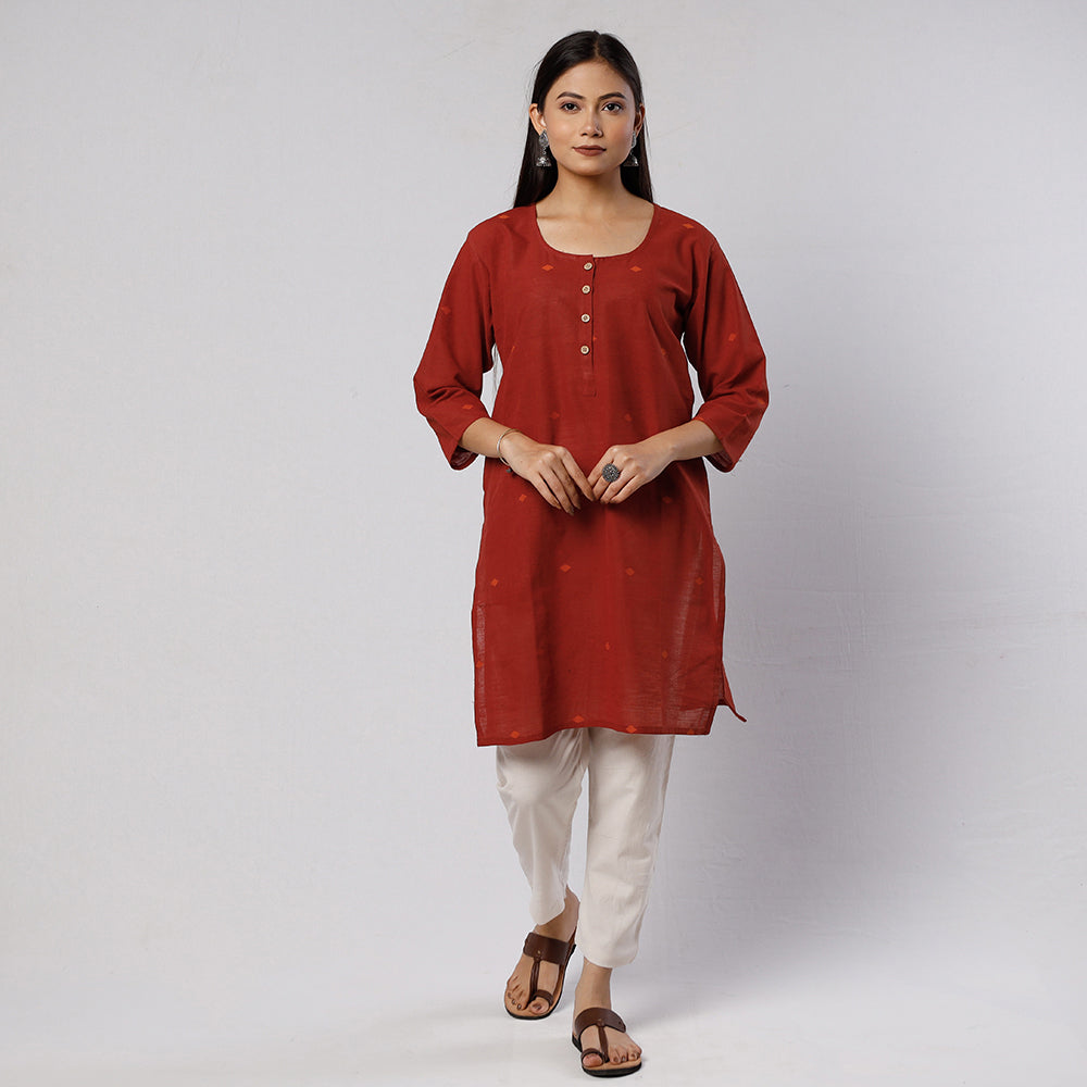 Maroon Red Jamdani Handloom Cotton Short Kurta