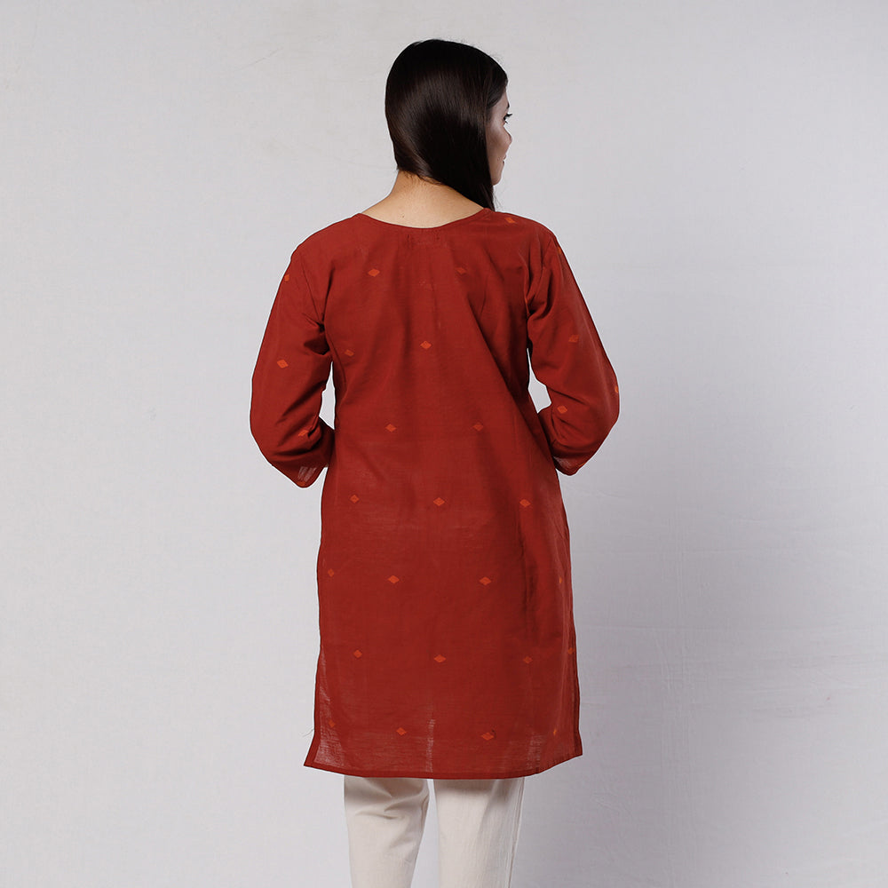 Maroon Red Jamdani Handloom Cotton Short Kurta