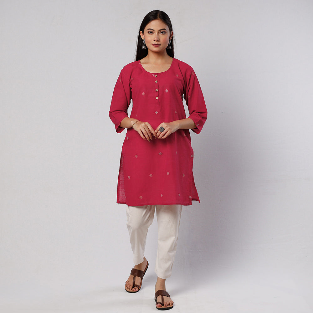 Dark Pink Jamdani Handloom Cotton Short Kurta