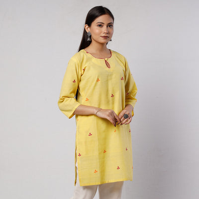 Light Yellow Jamdani Handloom Cotton Short Kurta