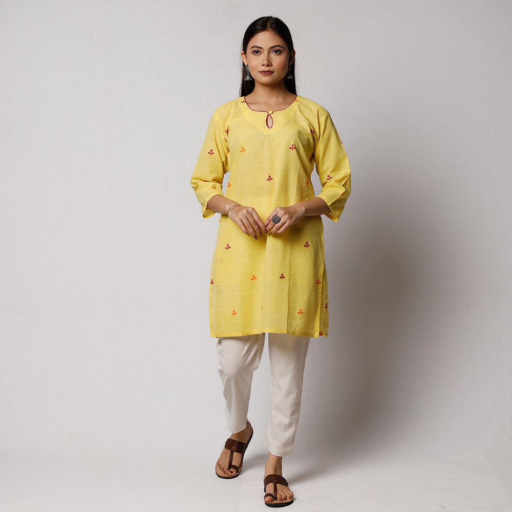 Light Yellow Jamdani Handloom Cotton Short Kurta