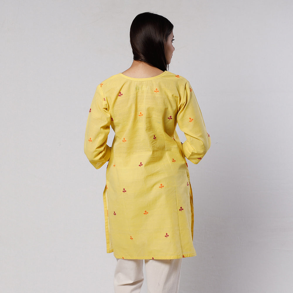 Light Yellow Jamdani Handloom Cotton Short Kurta