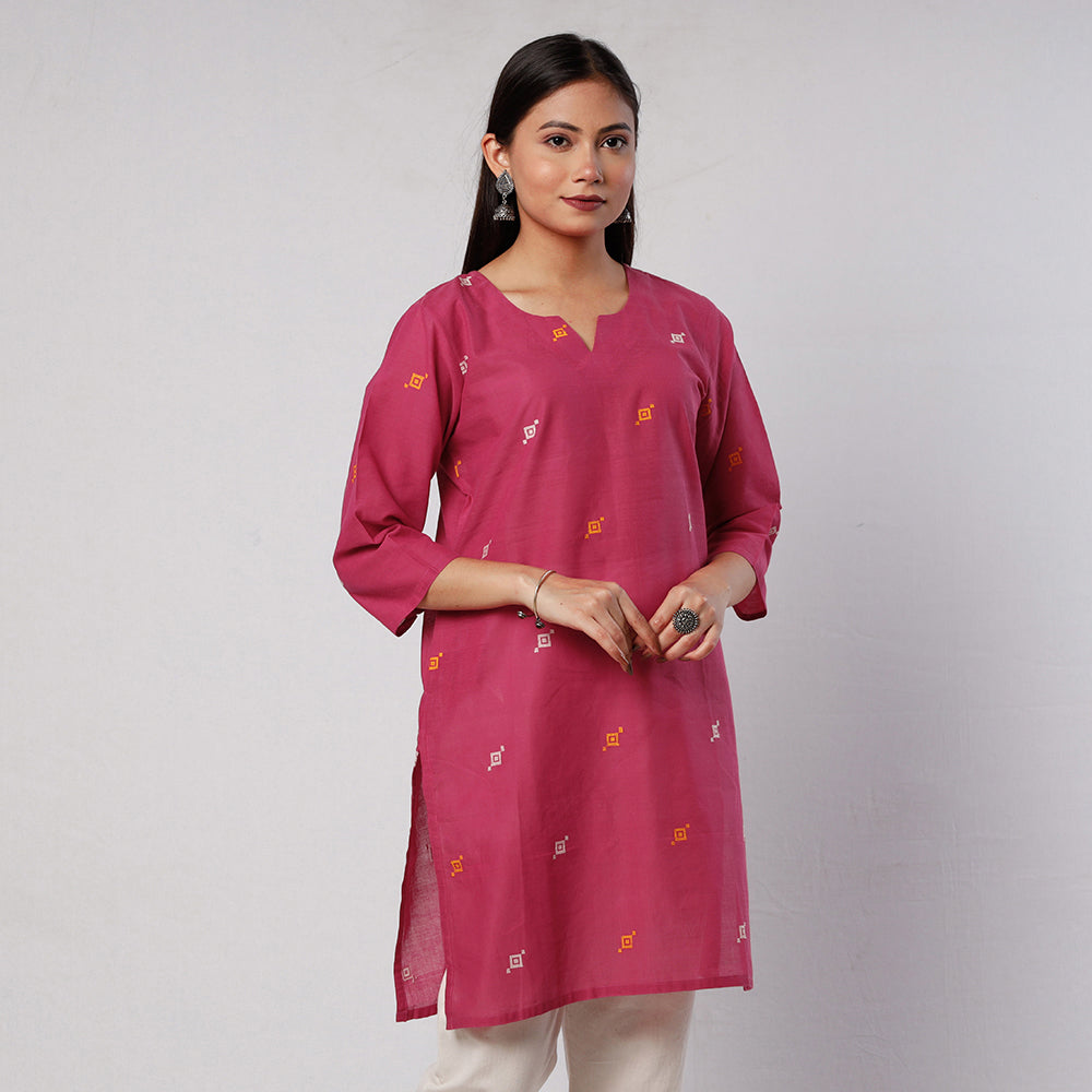 Dark Pink Jamdani Handloom Cotton Short Kurta