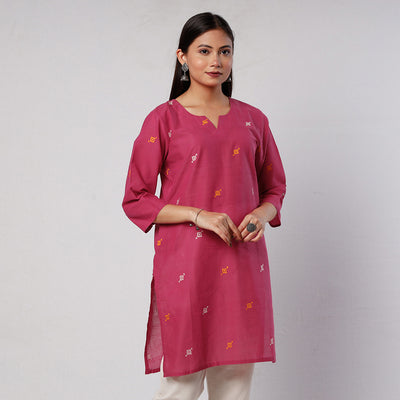 Dark Pink Jamdani Handloom Cotton Short Kurta