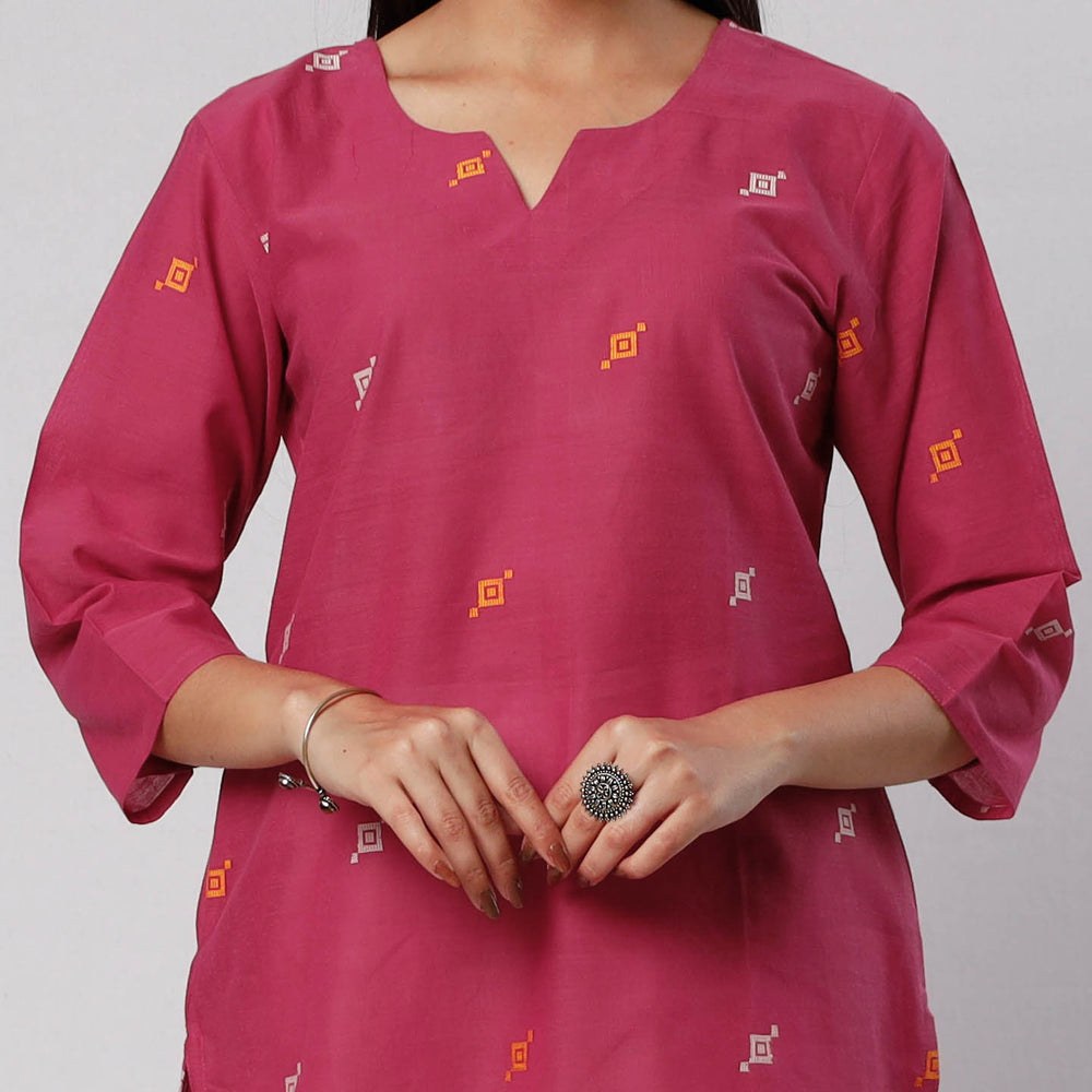 Dark Pink Jamdani Handloom Cotton Short Kurta