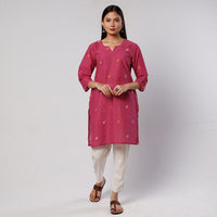 Dark Pink Jamdani Handloom Cotton Short Kurta