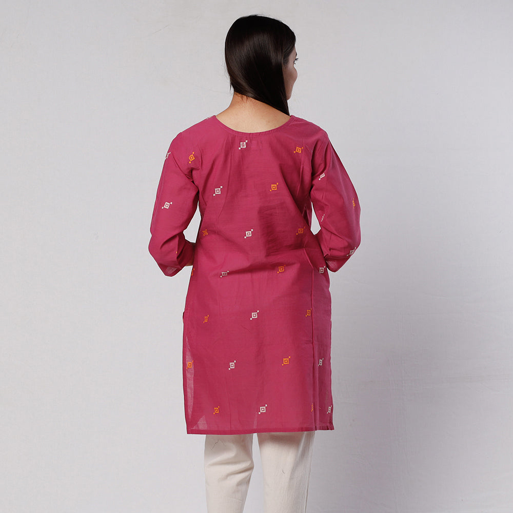 Dark Pink Jamdani Handloom Cotton Short Kurta