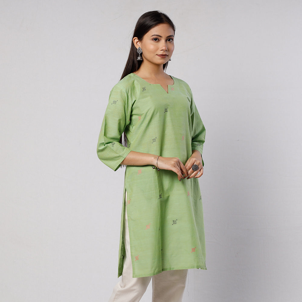 Light Green Jamdani Handloom Cotton Short Kurta