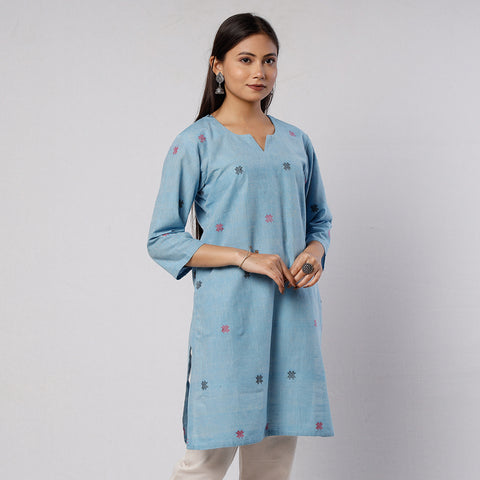 Baby Blue Jamdani Handloom Cotton Short Kurta