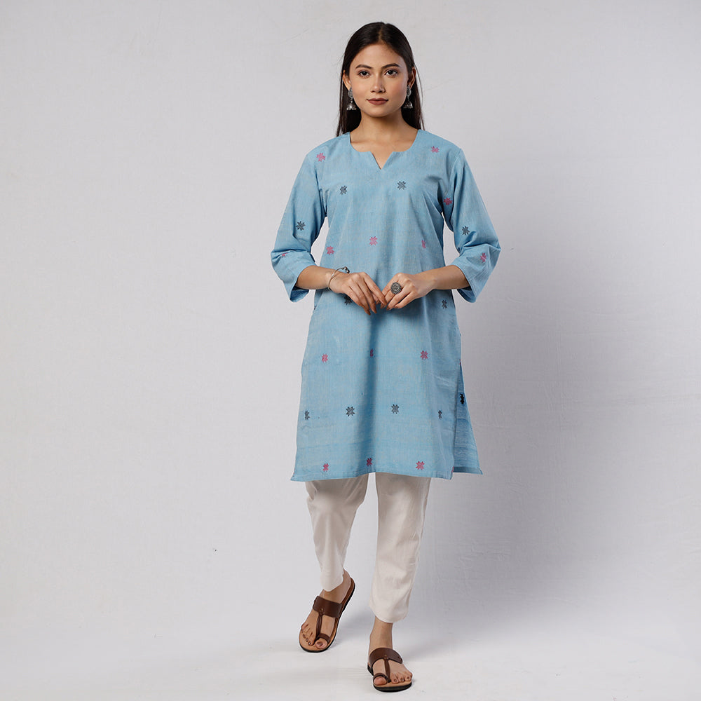 Baby Blue Jamdani Handloom Cotton Short Kurta