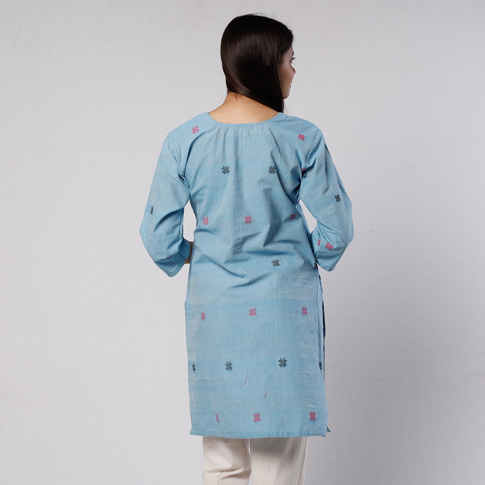 Baby Blue Jamdani Handloom Cotton Short Kurta