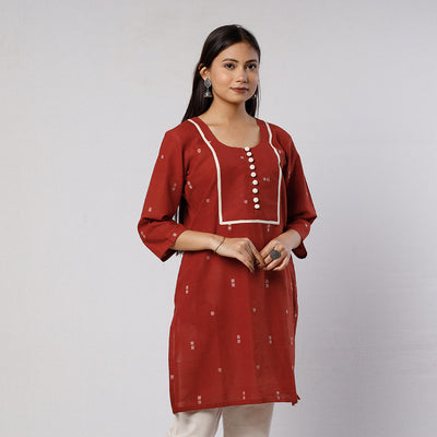 Maroon Red Jamdani Handloom Cotton Short Kurti