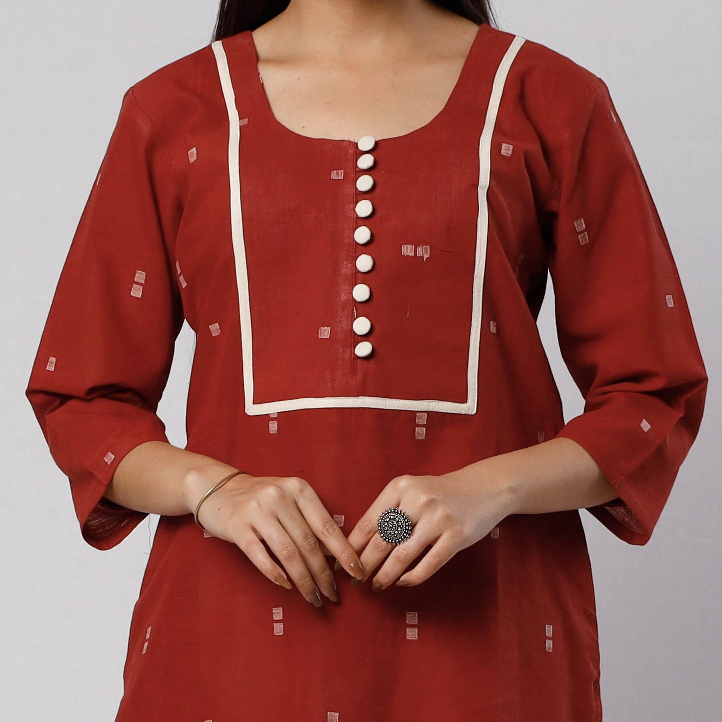 Maroon Red Jamdani Handloom Cotton Short Kurti