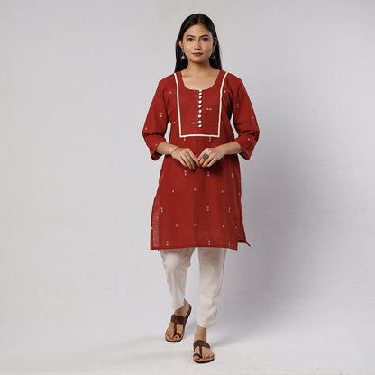 Maroon Red Jamdani Handloom Cotton Short Kurti