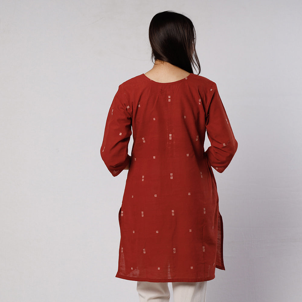 Maroon Red Jamdani Handloom Cotton Short Kurti