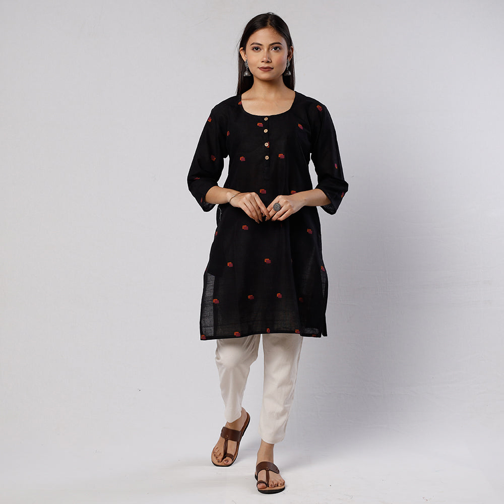 Black Jamdani Handloom Cotton Short Kurta