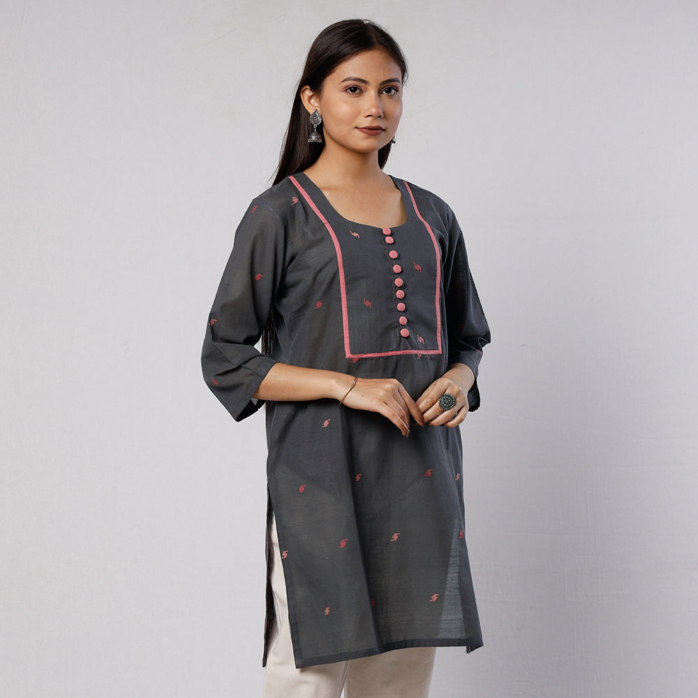 Dark Grey Jamdani Handloom Cotton Short Kurta