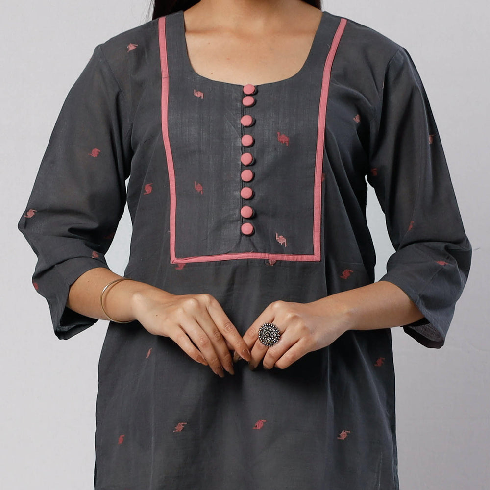 Dark Grey Jamdani Handloom Cotton Short Kurta