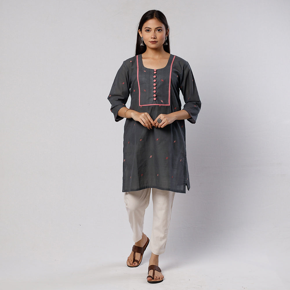 Dark Grey Jamdani Handloom Cotton Short Kurta