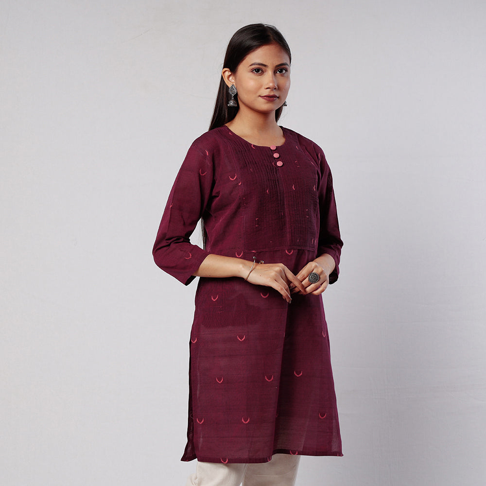 Purple - iTokri Casuals - Jamdani Handloom Pintuck Cotton Short Kurta