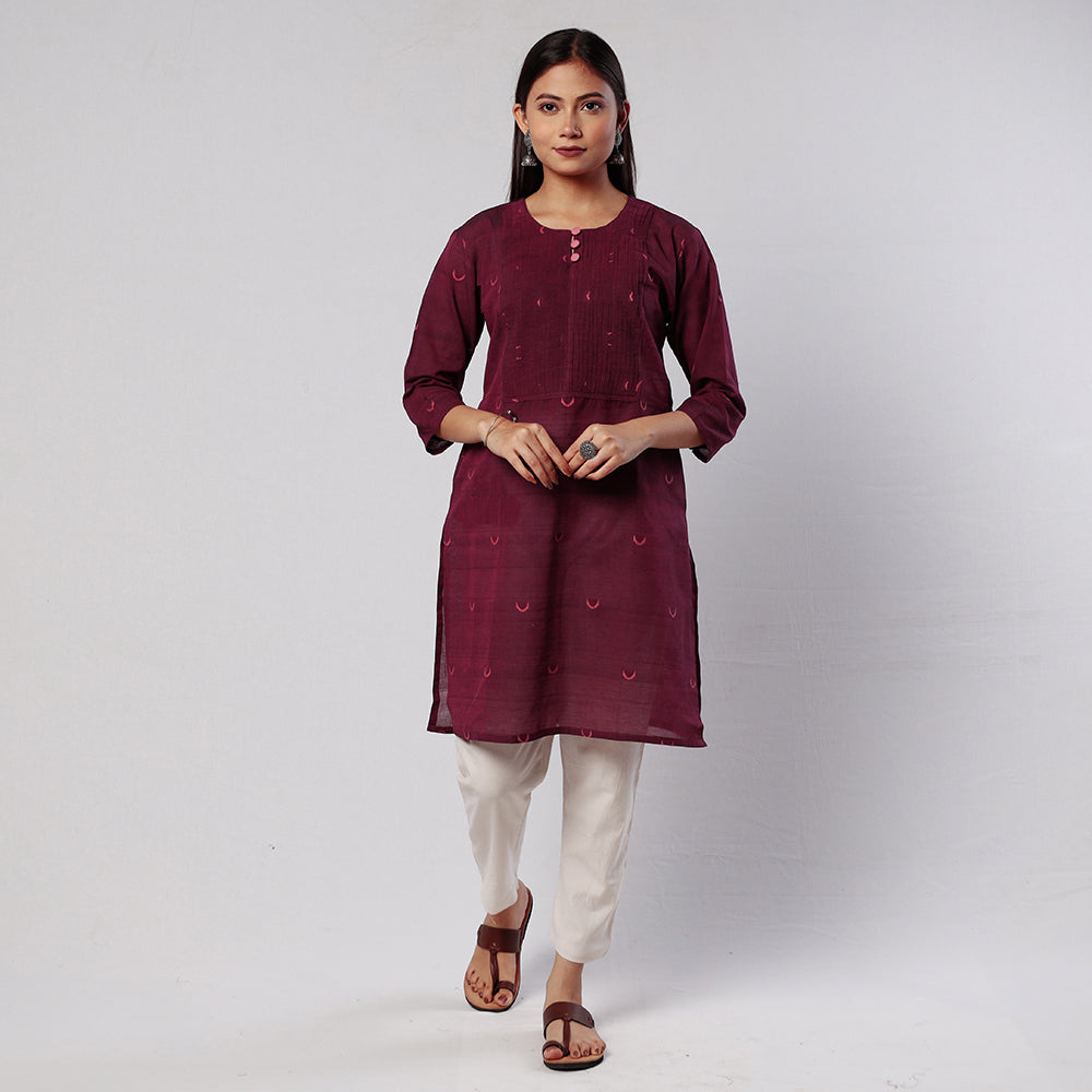 Purple - iTokri Casuals - Jamdani Handloom Pintuck Cotton Short Kurta