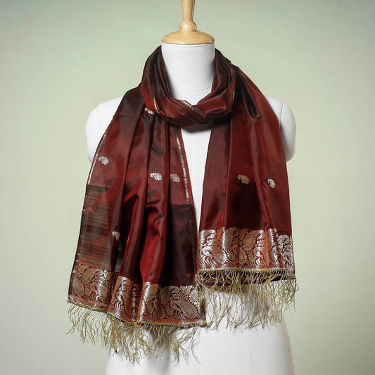 Maroon - Banarasi Brocade Handloom Mulberry Silk Stole with Zari Tassels