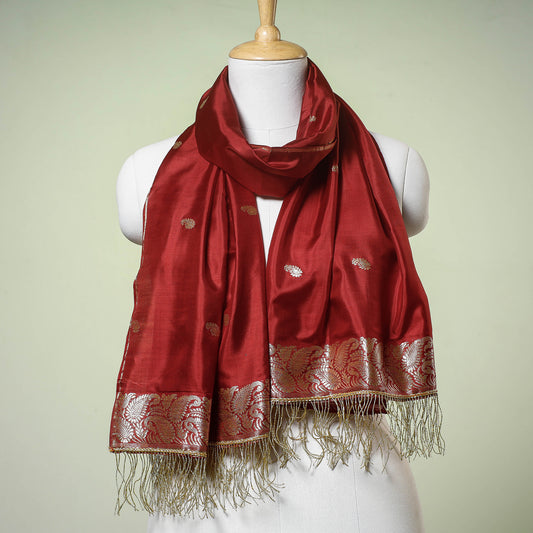 Red - Banarasi Brocade Handloom Mulberry Silk Stole with Zari Tassels