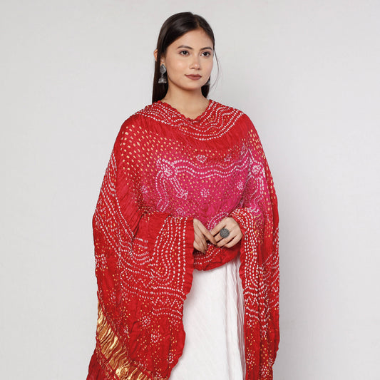Red - Traditional Kutch Chandrokhani Bandhani Tie-Dye Gajji Silk Dupatta with Zari Border