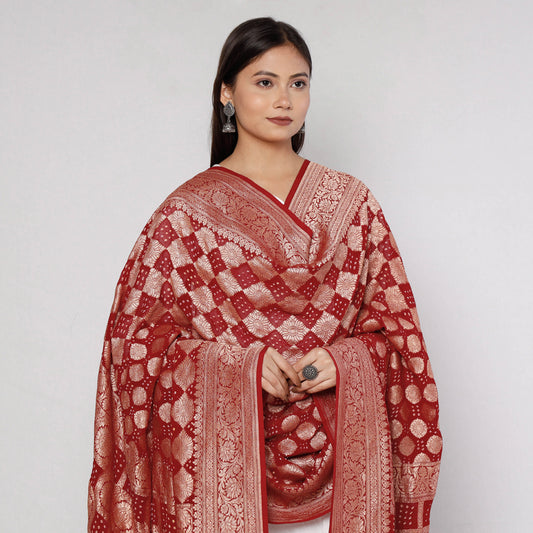 Red - Traditional Kutch Neem Zari Jaal Work Bandhani Tie-Dye Georgette Banarasi Dupatta