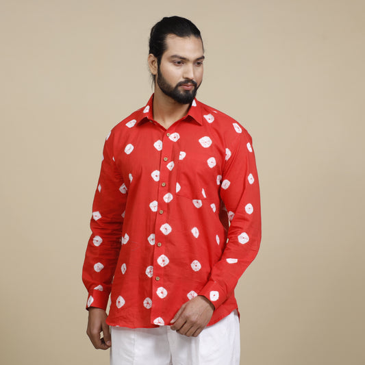 Scarlet Red Shibori Tie-Dye Cotton Men Full Sleeve Shirt