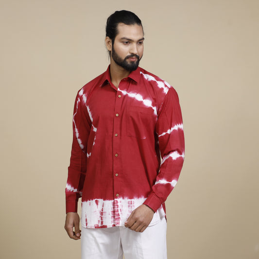 Red - Vivid Burgundy - Shibori Tie-Dye Cotton Men Full Sleeve Shirt