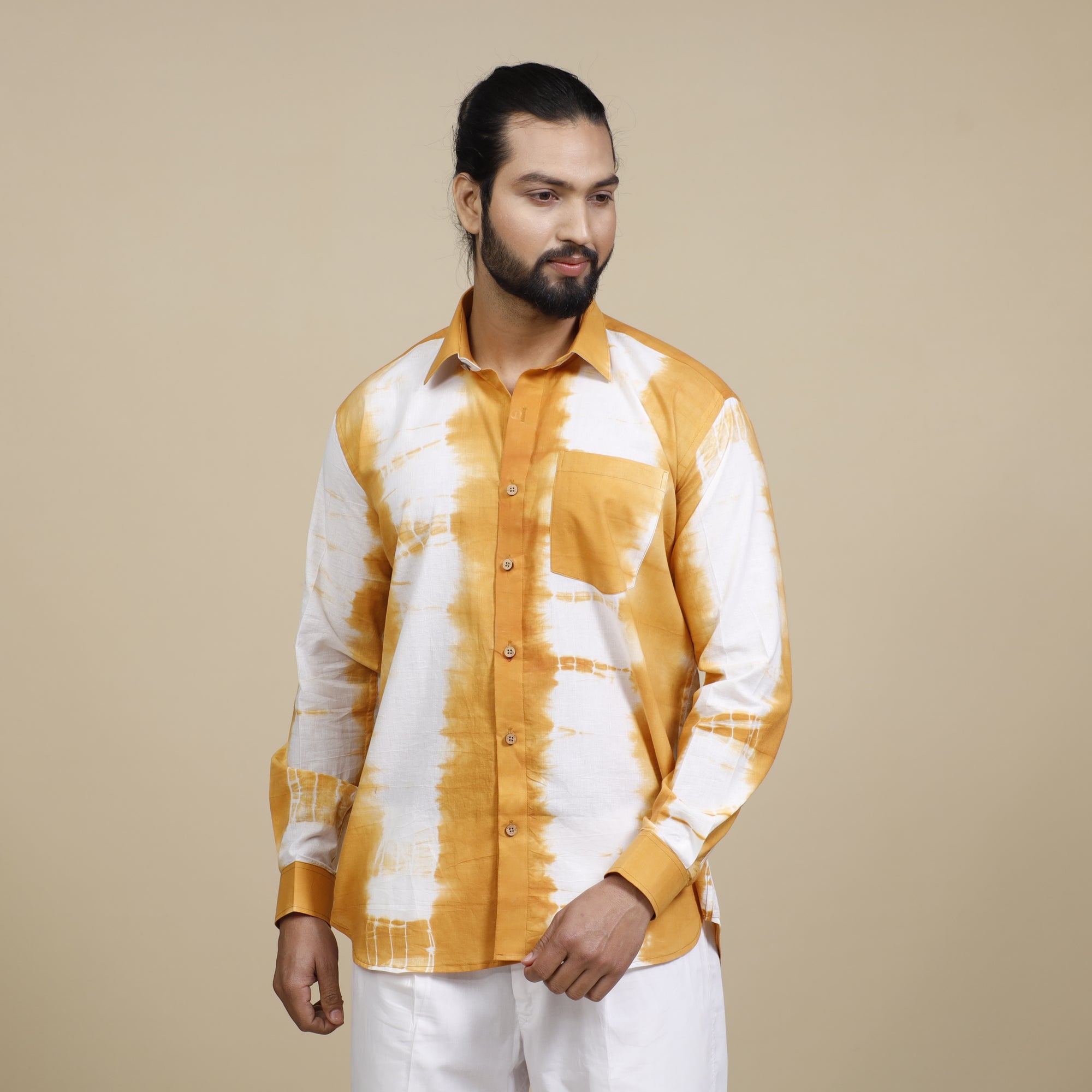 Yellow - Shibori Tie-Dye Cotton Men Full Sleeve Shirt