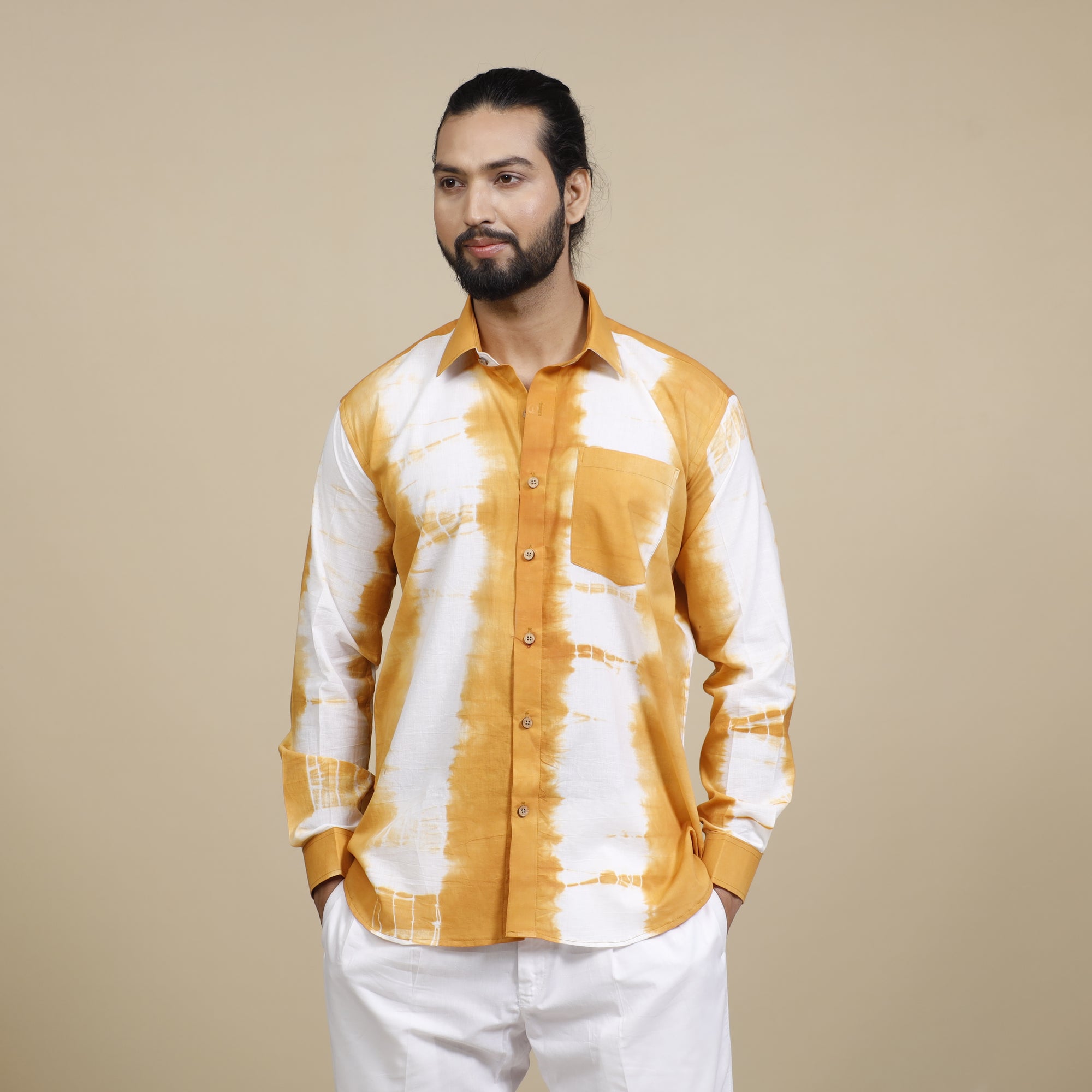 Yellow - Shibori Tie-Dye Cotton Men Full Sleeve Shirt
