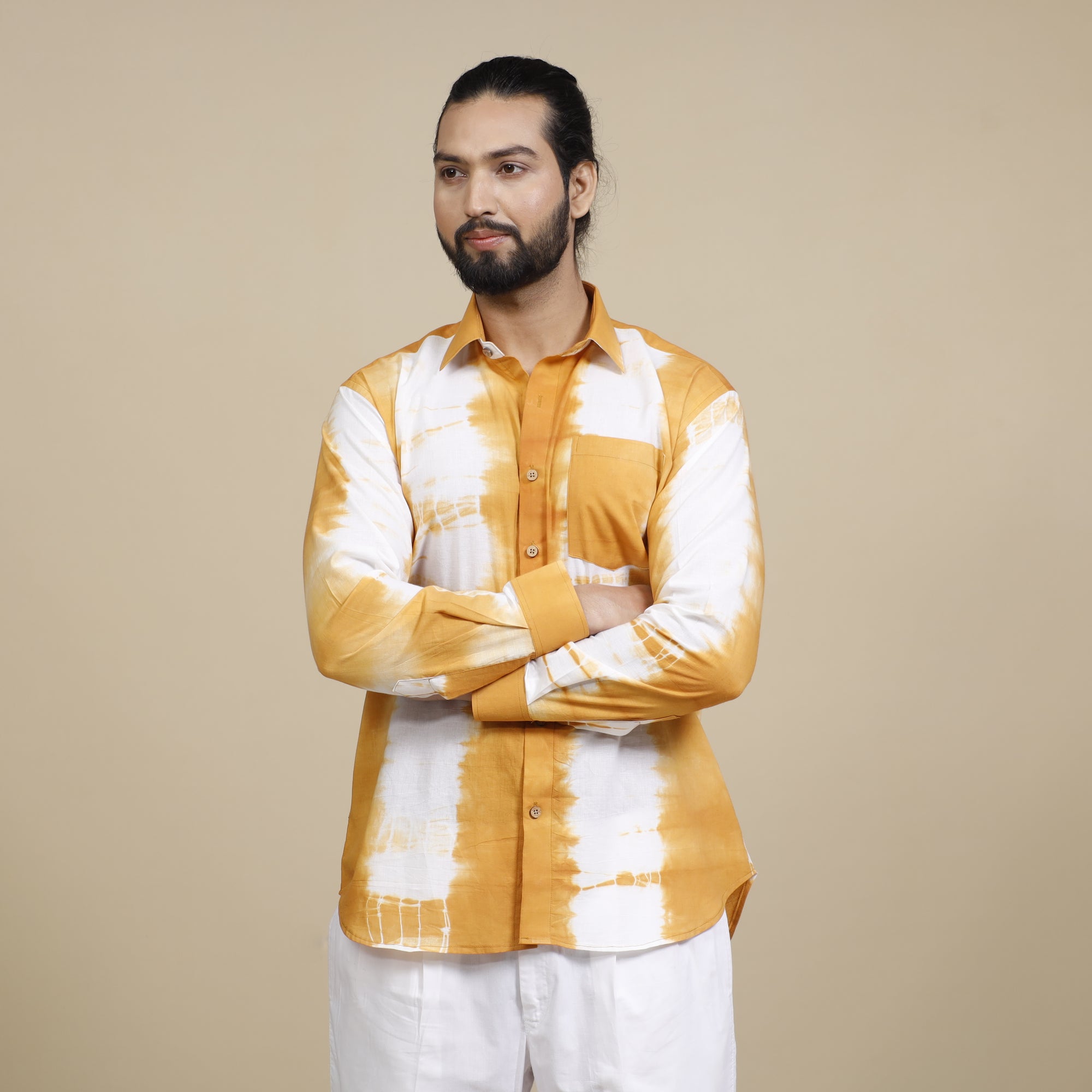 Yellow - Shibori Tie-Dye Cotton Men Full Sleeve Shirt