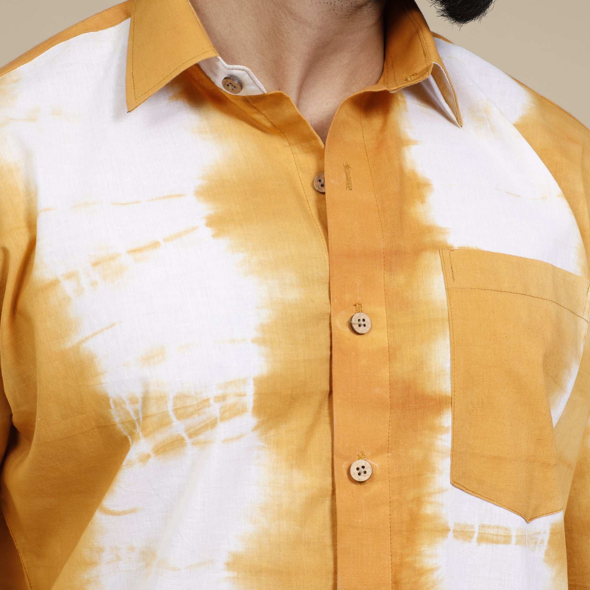 Yellow - Shibori Tie-Dye Cotton Men Full Sleeve Shirt