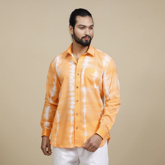Orange - Peach - Shibori Tie-Dye Cotton Men Full Sleeve Shirt