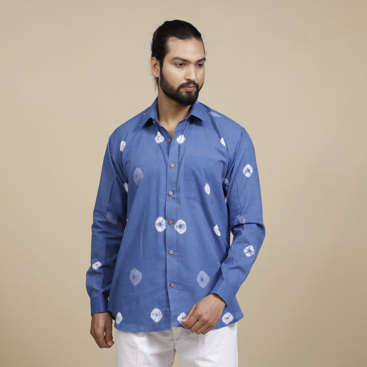 Cornflower Blue Shibori Tie-Dye Cotton Men Full Sleeve Shirt