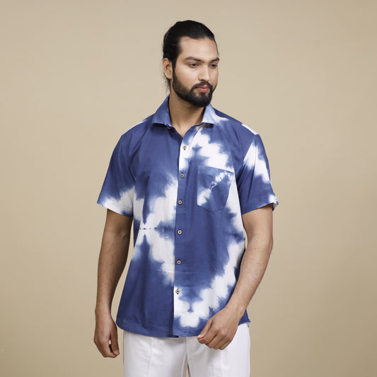 Blue & White Shibori Tie-dye Cotton Men Half Sleeve Shirt