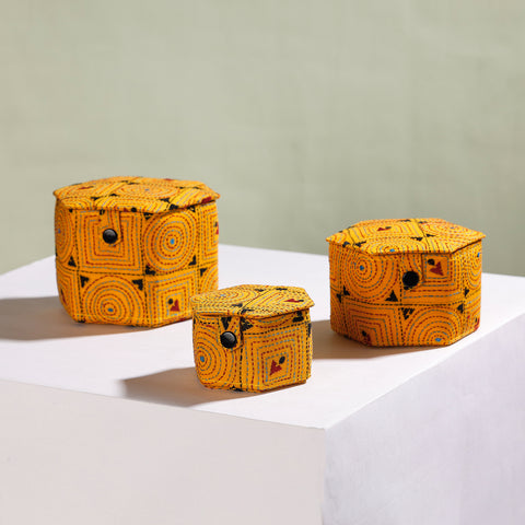 Yellow - Bengal Kantha Work Handcrafted Hexagon Jewelry Box (Set of 3)