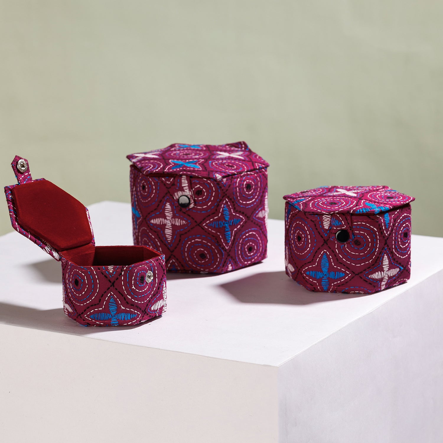  Bengal Kantha Work Handcrafted Hexagon Jewelry Box (Set of 3) 