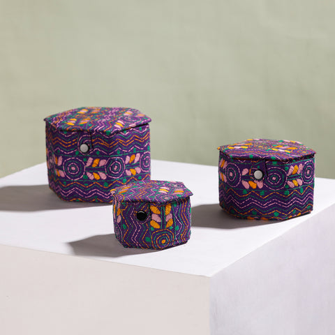 Purple - Bengal Kantha Work Handcrafted Hexagon Jewelry Box (Set of 3)