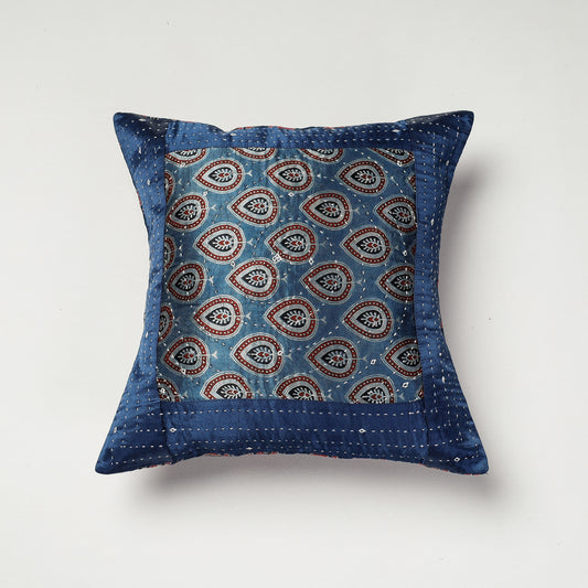 Blue - Kutch Tagai Work Ajrakh Mashru Silk Cushion Cover (16 x 16 in)