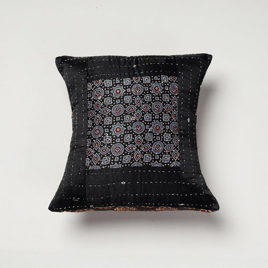 Black - Kutch Tagai Work Ajrakh Mashru Silk Cushion Cover (12 x 12 in)