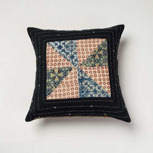 Black - Kutch Tagai Work Ajrakh Cotton Cushion Cover (15 x 15 in)