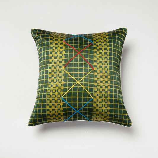 Green - Kutch Embroiderd Ajrakh Mashru Silk Cushion Cover (16 x 16 in)