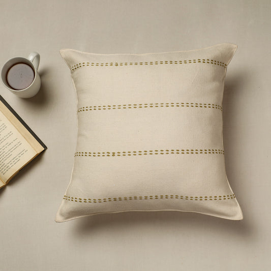 Beige - Urmul Kashida Stitch Handloom Cotton Cushion Cover (16 x 16 in)