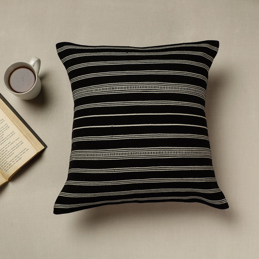 Black - Urmul Kashida Stitch Handloom Cotton Cushion Cover (16 x 16 in)